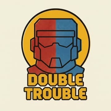Double Trouble — red and blue robot mascot